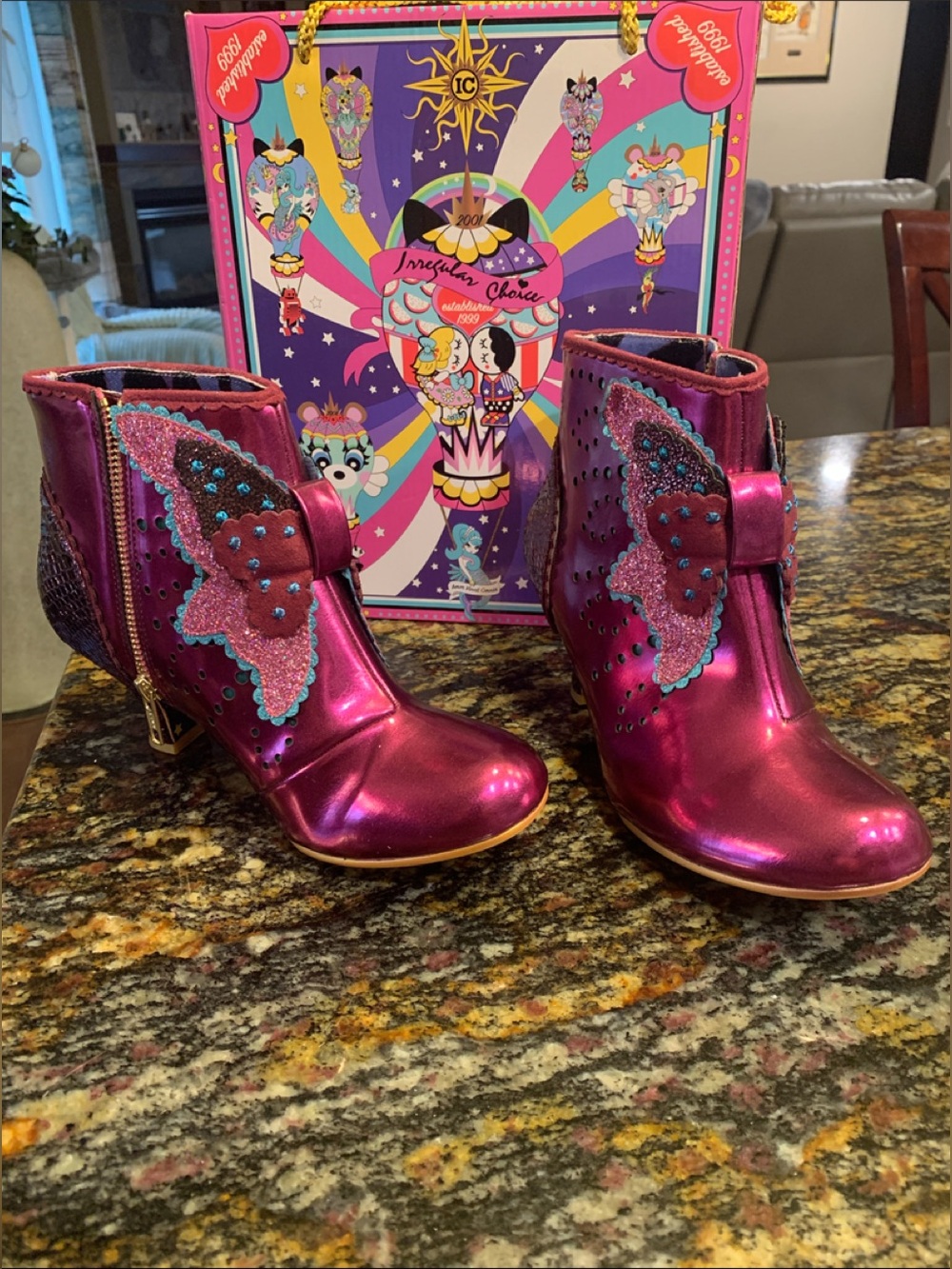 Irregular Choice Mariposa Ankle Boots in Metallic Pink/Purple